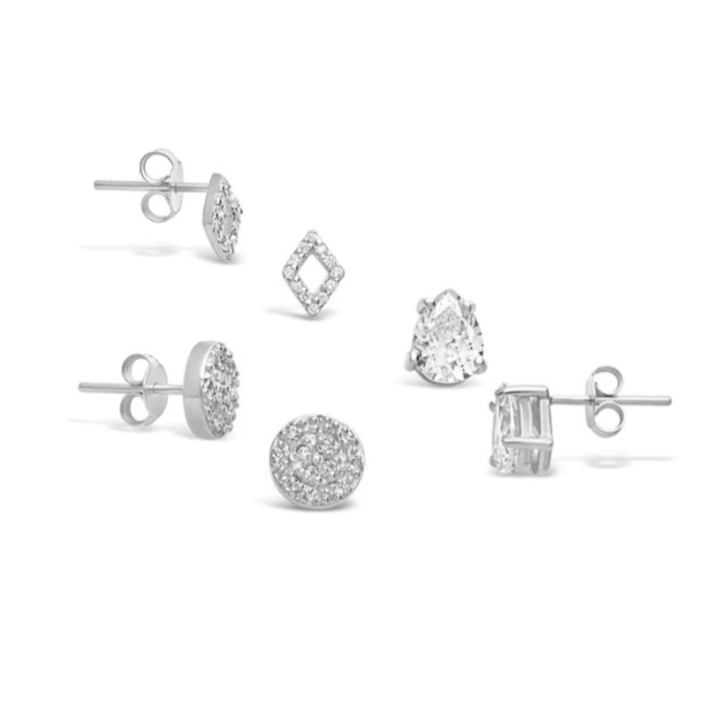 Sterling Silver CZ Geo Stud Set of 3 pairs